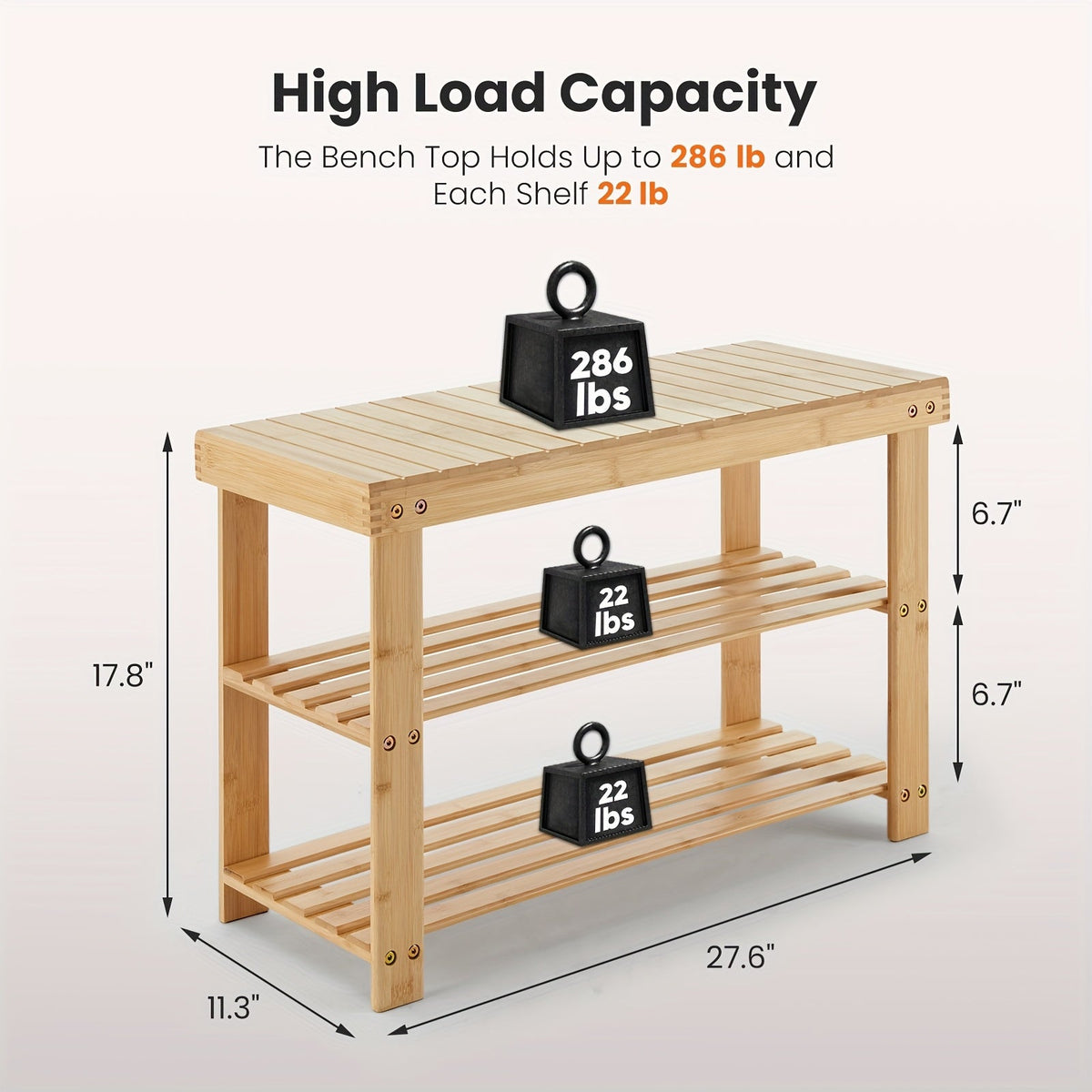 3-Tier Bamboo Shoe Rack Bench - 27.6in Wide, 286lb Capacity, Compact Storage Organizer - Entryway, Bedroom, Living Room & Balcony - Wood & Brown