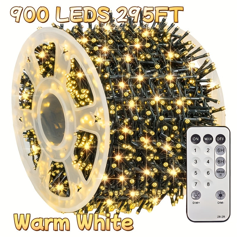 900 LED Christmas String Lights – 295ft Green Wire 8-Mode Remote Control Waterproof Fairy Lights for Outdoor Indoor Xmas Holiday Party Garden & Wedding in Warm White Cold White & Multicolor