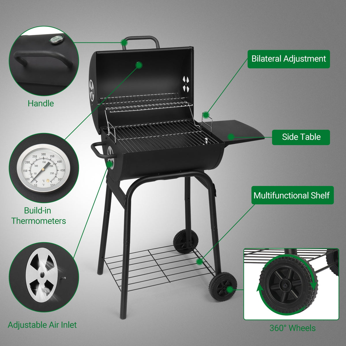 Barrel Charcoal Grill with Side Table & Bottom Shelf, 33.9"x20.5"x40.6", 4-Level Adjustable Charcoal Pan, Dual Air Dampers, Built-In Thermometer, Chrome Grates, 2 Wheels, for Backyard, Patio & Camping BBQ