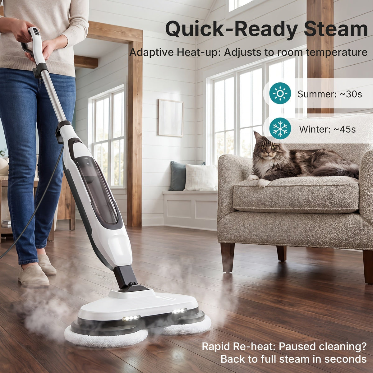 Steam Mop for Floor Cleaning with Dual Spin Rotating Pads, 2 LED Lights, 4 Steam Modes & 16.4FT Cord, Heavy Duty Electric Floor Steamer for Hardwood, Tile, Laminate & Grout, White Gray Green