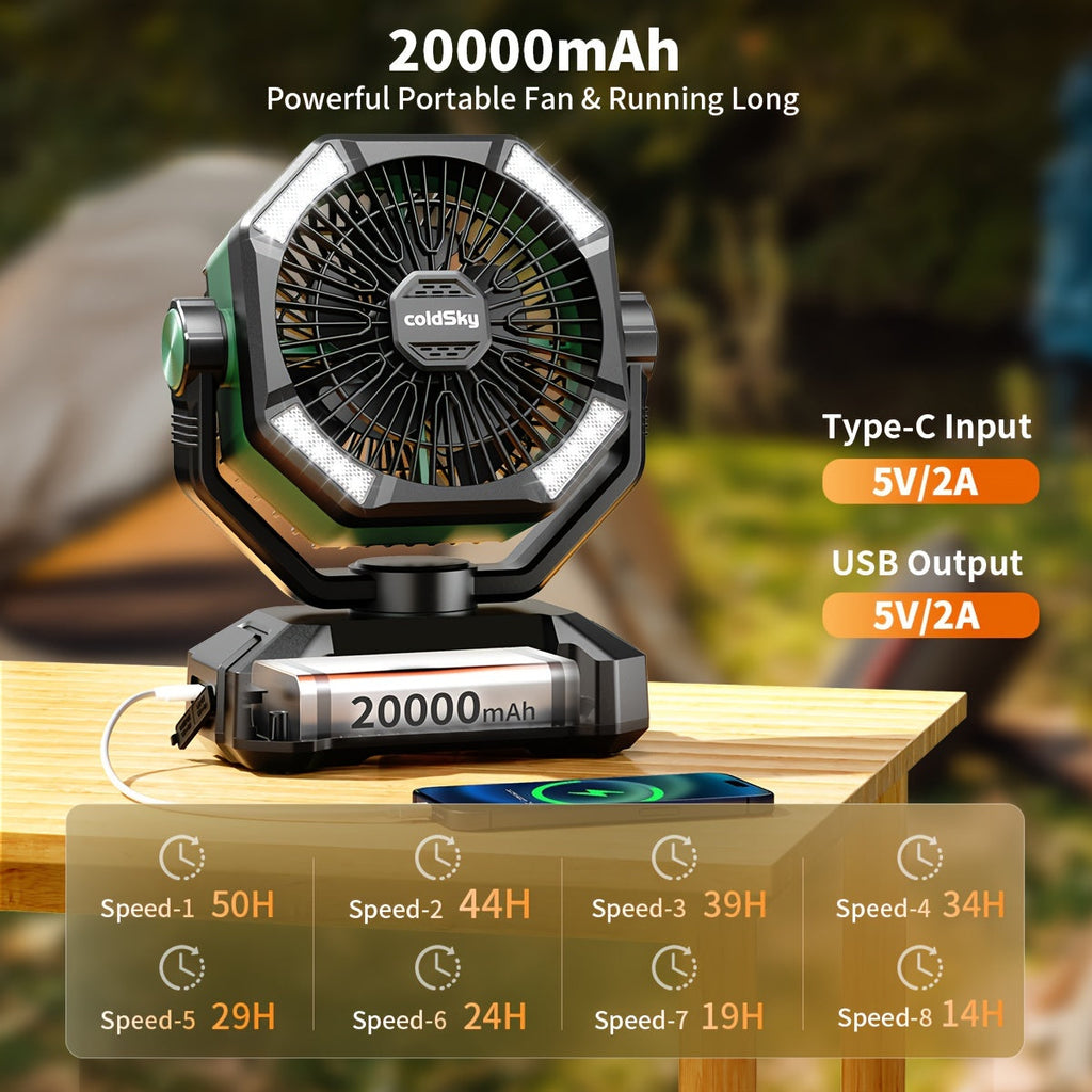 Portable Camping Fan with Remote Control - 8 Speeds, Dual Motor, Rechargeable Battery, Outdoor Fan for Camping Tent Yard Barbecue Beach - Orange Black & Green Black