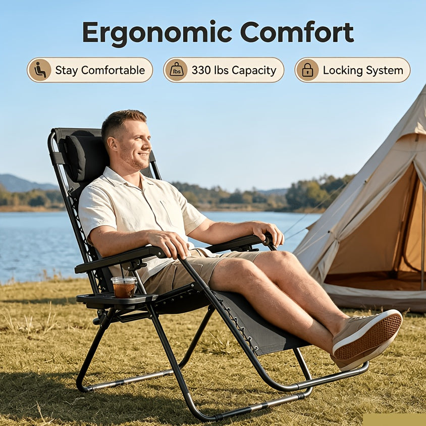 Set of 2 Zero Gravity Chairs 330 Lbs Capacity Foldable Patio Lounger with Adjustable Recline Locking System & Removable Cup Holder for Lawn Poolside Beach & Travel – Grey Black Khaki Blue