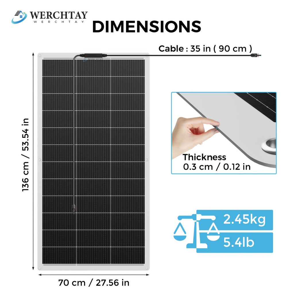 Flexible Solar Panel 200W / 400W / 800W Bendable 18BB Mono Cell Lightweight Ultra-Thin for Boat Balcony Roof Yacht & Uneven Surfaces – 1, 2 or 4 Panel Options