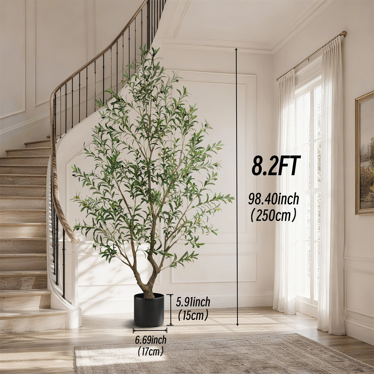 Artificial Olive Tree 5-8FT Tall Potted Faux Olive Floor Plant with Lifelike Leaves & Black Fruits, Decorative Fake Indoor Tree with White or Black Round Planter for Living Room Office Home Decor