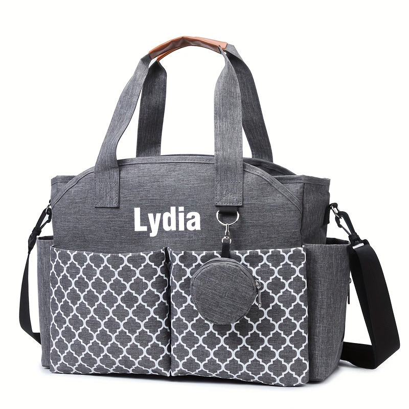 2-in-1 Custom Embroidered Diaper Bag, Personalized Alphabet Quilted Handheld & Crossbody Travel Bag for Mom & Dad, 4 Font Styles, Navy Blue & Grey