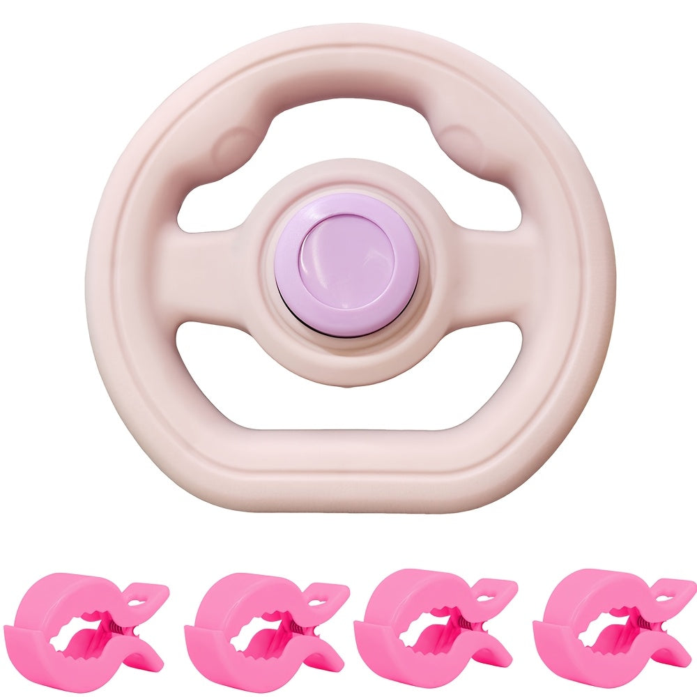 4-Piece Baby Stroller Blanket Clips with Simulation Steering Wheel Toy, Adjustable Universal Pram Blanket Pegs for Sun Wind & Insect Protection, Tool-Free Stroller Accessory, Black Khaki Blue & Pink