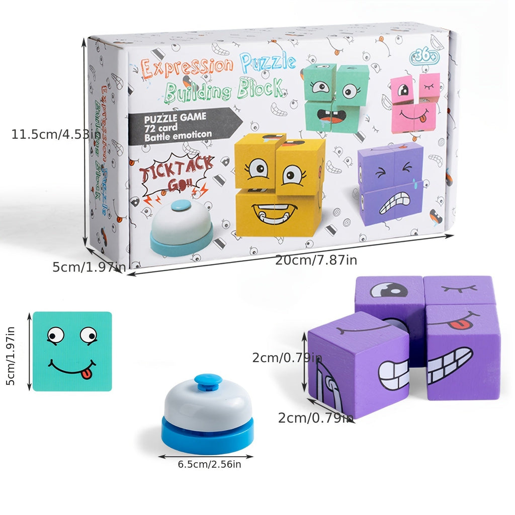 Wooden Magic Face Changing Building Blocks Set with Bell Fosters Creativity Imagination – Educational Toy for Kids Boys Girls Birthday Gift