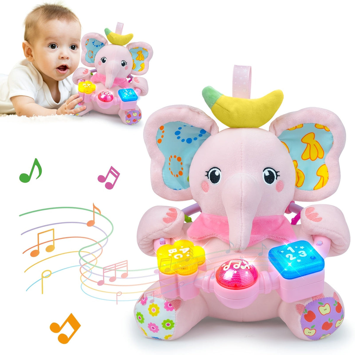 Baby Musical Plush Toy for 0-12 Months, Early Bilingual Learning Toy with Light Music & Squeak for Tummy Time, Blue Elephant Pink Elephant & Pink Bunny, Easter Christmas Birthday Gift for Baby Boys & Girls