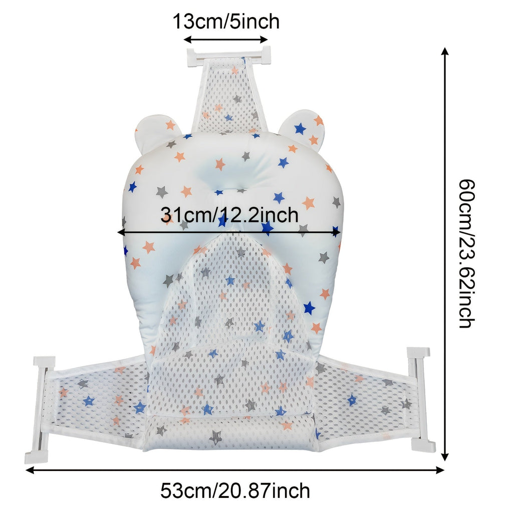 Baby Bath Mat with Star Pattern, 3-Point Adjustable Buckle Safety Baby Bathtub Mat with Breathable Mesh Bottom for Newborns 0–1 Year Old, Non-Slip Infant Bath Support Mat, White Star