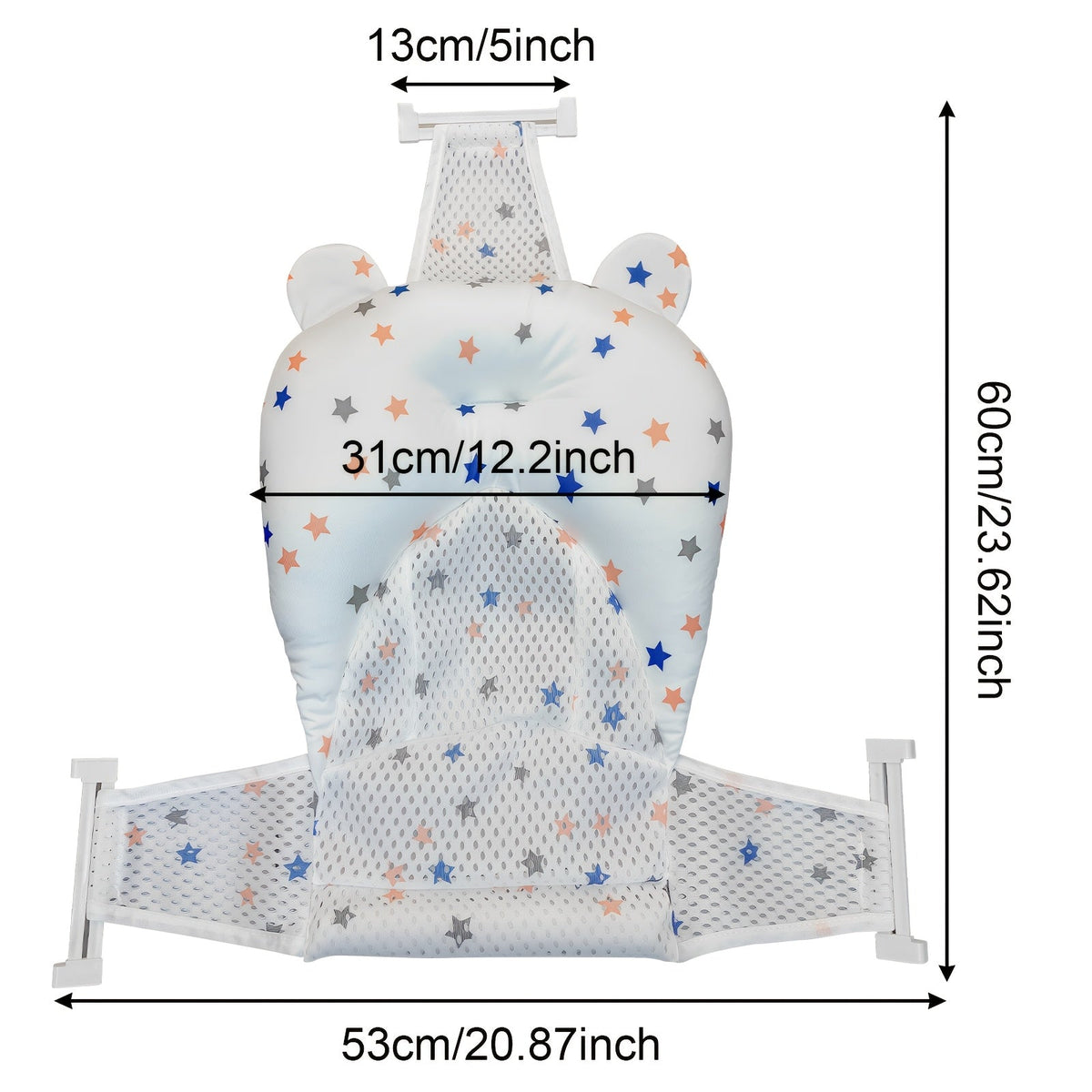 Baby Bath Mat with Star Pattern, 3-Point Adjustable Buckle Safety Baby Bathtub Mat with Breathable Mesh Bottom for Newborns 0–1 Year Old, Non-Slip Infant Bath Support Mat, White Star