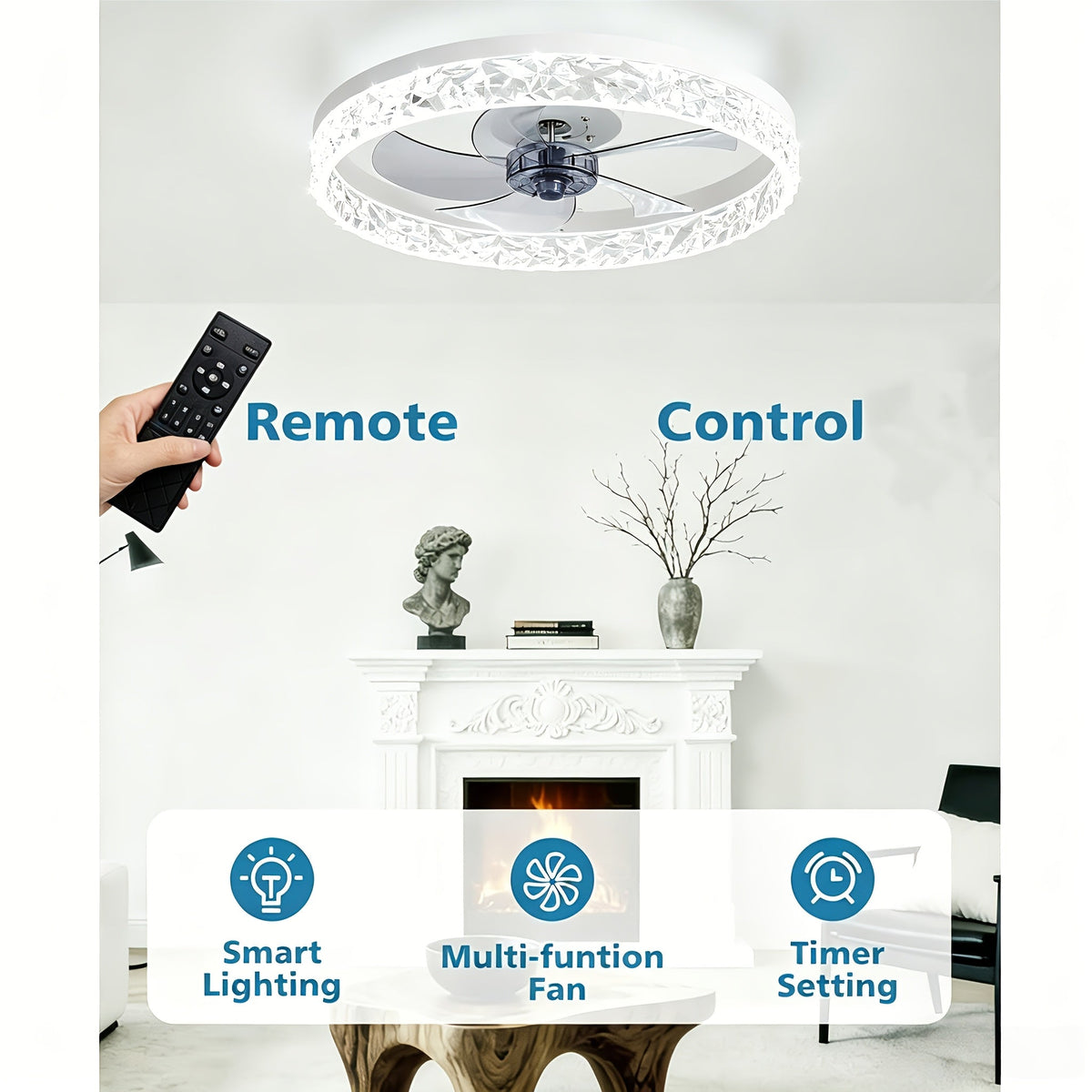 20 Inch Flush Mount Ceiling Fan with Light and Remote Dimmable 3000K-6000K LED Bladeless Low Profile Fandelier for Bedroom Living Room Kitchen White