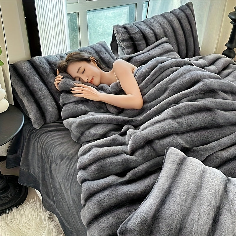 Luxury Thick Striped Plush Blanket – Rabbit-Like Soft Skin-Friendly Warm Throw for Sofa Bed Office & Travel in 6 Colors 3 Sizes