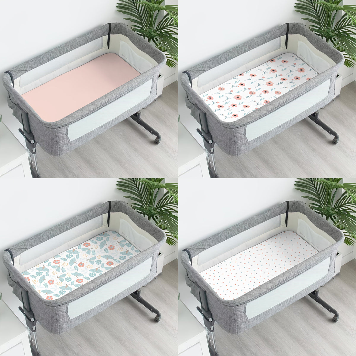 4-Piece Baby Crib & Mini Mattress Fitted Sheet Set, Soft Skin-Friendly Breathable Fabric, 20 × 33 × 4 Inches, Freely Mixable & Machine Washable, Nature Rainbow & Pink Floral Butterfly