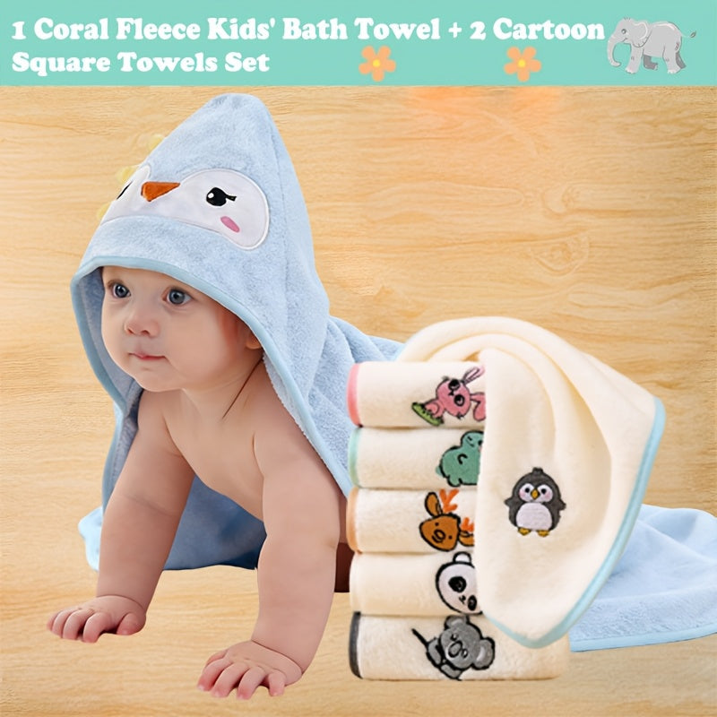 Baby Hooded Bath Towel 3-Piece Set, 1 Soft Absorbent Hooded Towel + 2 Cartoon Hand Towels, Non-Shedding Infant Bath Set, 7 Cute Animal Designs Including Duck Elk Koala Panda Rabbit Dinosaur & Penguin