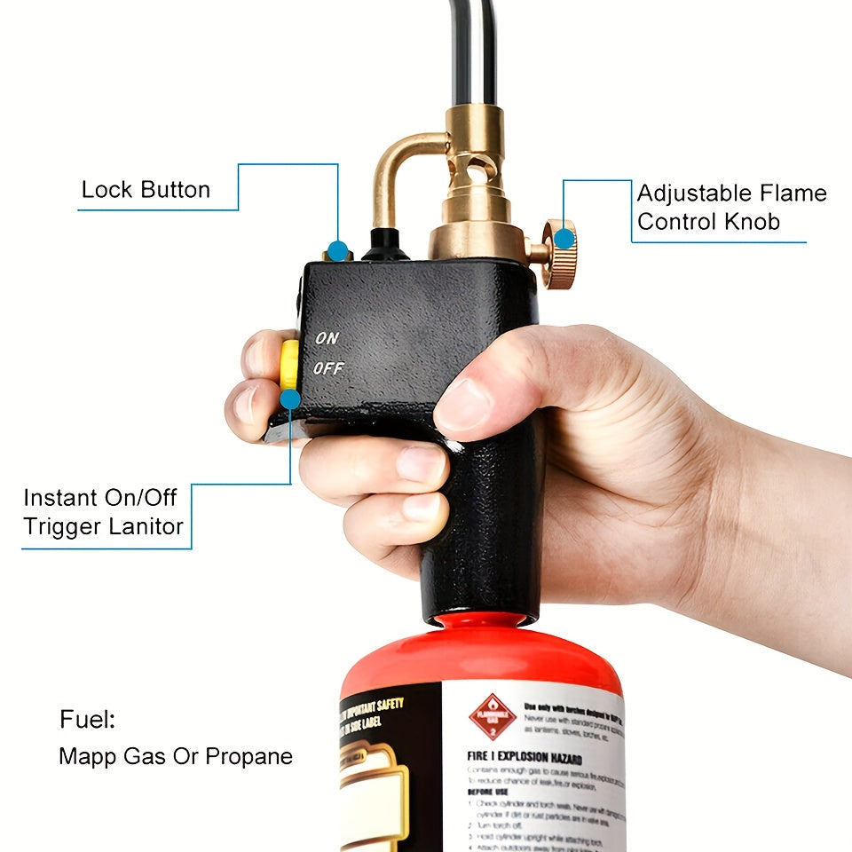 Trigger-Start MAPP/Propane Torch Head - Piezo Ignition, Adjustable Flame, Safety Lock for Welding, Soldering, Brazing, Heating, Thawing & Steak Searing