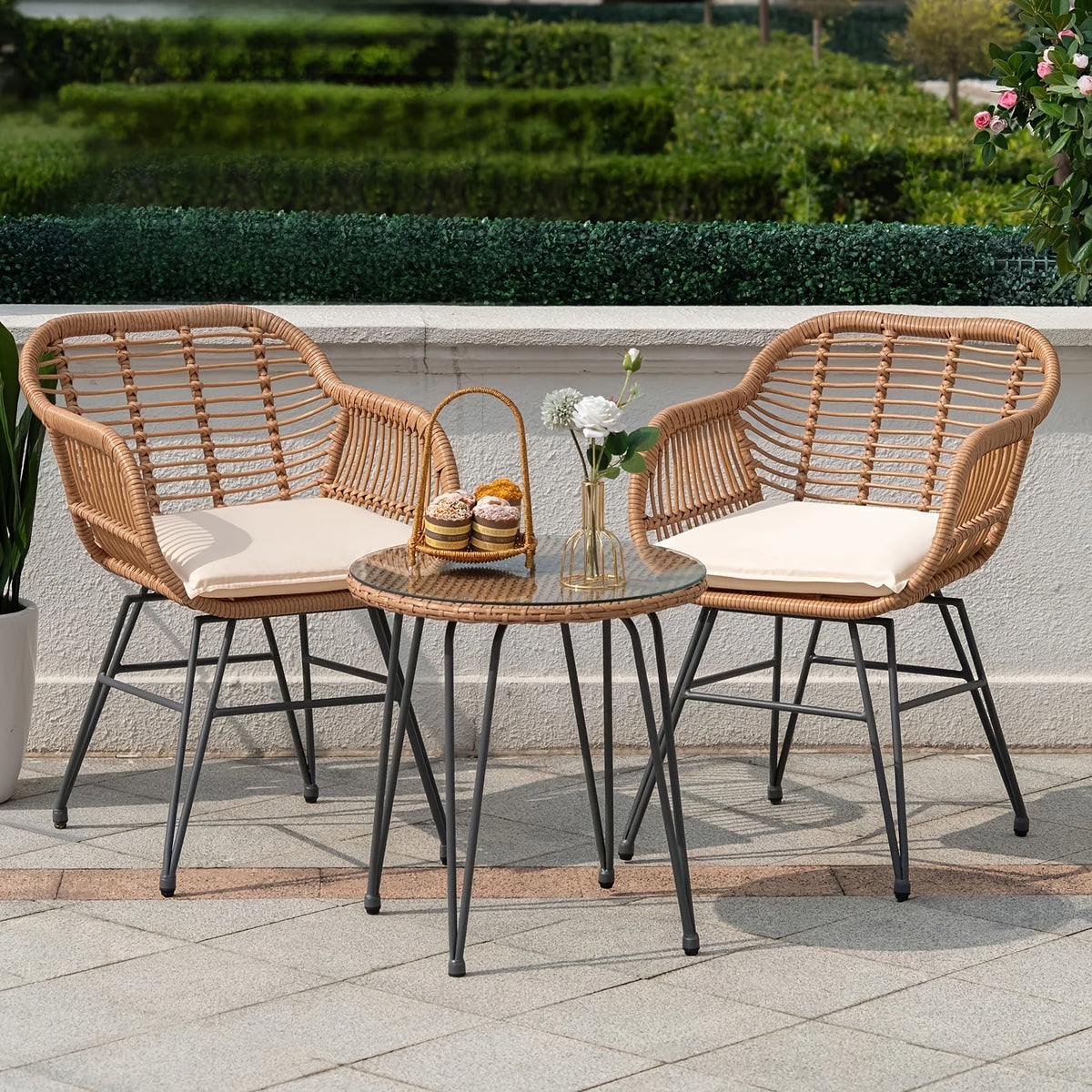 3-Piece Outdoor Rattan Patio Bistro Set with Glass Top Table & Washable Cushions for Garden Terrace Deck & Poolside – Beige or Black