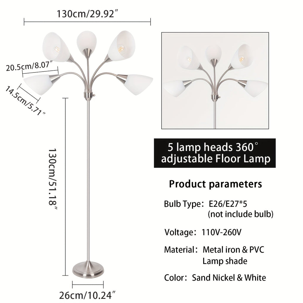 5-Head Gooseneck Adjustable Floor Lamp – Flexible Multi-Directional Reading & Task Light for Living Room Bedroom Office in Satin Nickel (Bulb Not Included)
