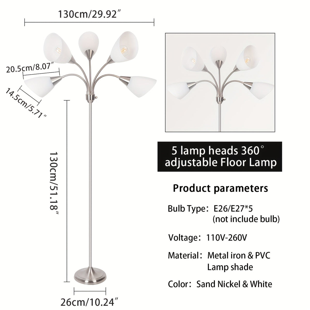 5-Head Gooseneck Adjustable Floor Lamp – Flexible Multi-Directional Reading & Task Light for Living Room Bedroom Office in Satin Nickel (Bulb Not Included)