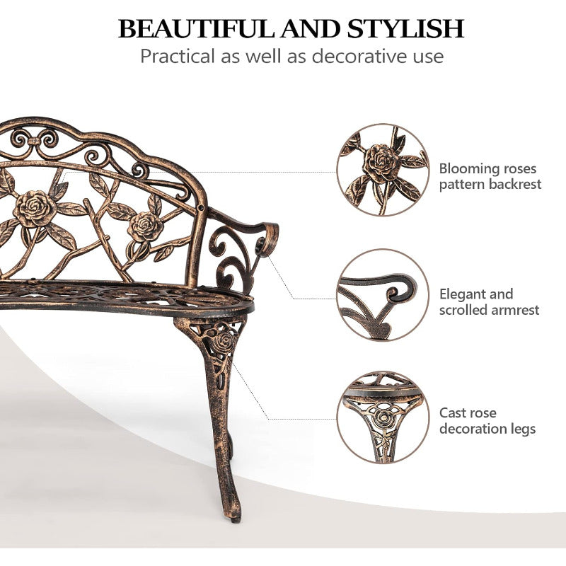 Outdoor Metal Rose Garden Bench Cast Aluminum Frame 500lb 2-Person Seating for Patio Porch Path Lawn Yard & Deck – Weather Resistant, Anti-Rust, Classic Decorative Design, Bronze/White/Green