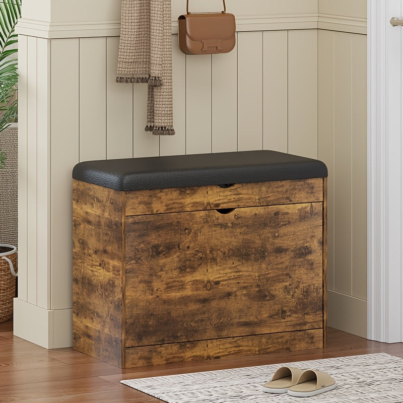Multifunctional Shoe Cabinet with Upholstered Seat & Drawers – Entryway Shoe Bench Storage All-in-One in Brown & White