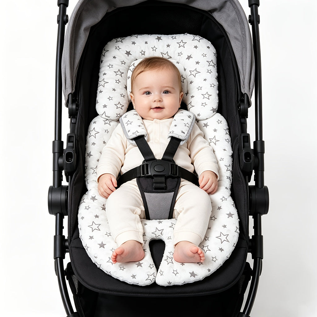 Stroller Seat Cushion with Bean Bag Filling, Soft Breathable Multi-Purpose Baby Stroller Seat Pad for Winter & All-Season Comfort, Fits Most Stroller Models, Ideal for Mother & Baby Outings, White Star