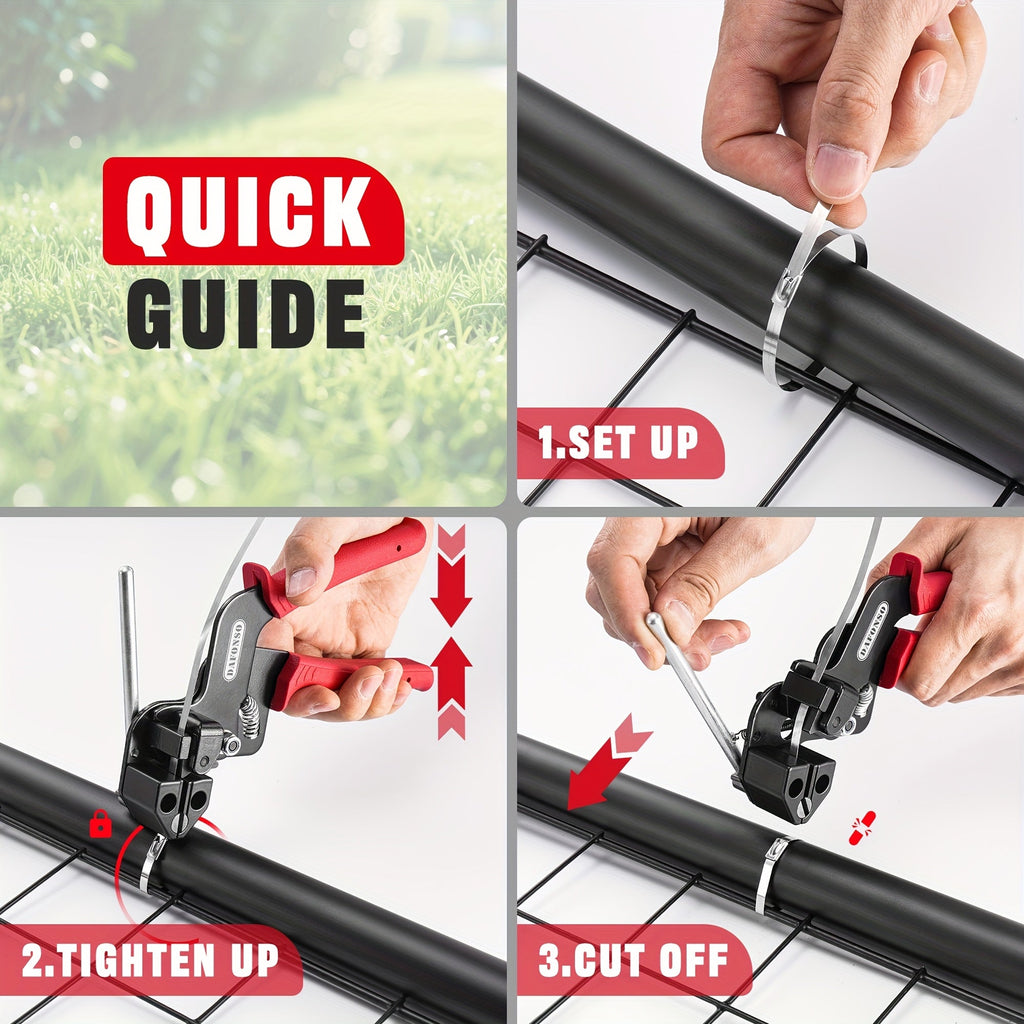 Stainless Steel Cable Tie Gun Kit - 155pcs 304 Metal Zip Ties in 3 Sizes, Tensioning & Cutting Tool, Self-Locking for Fence, Exhaust Pipe, Cable Bundling, Chicken Coop & Outdoor Repair - Red