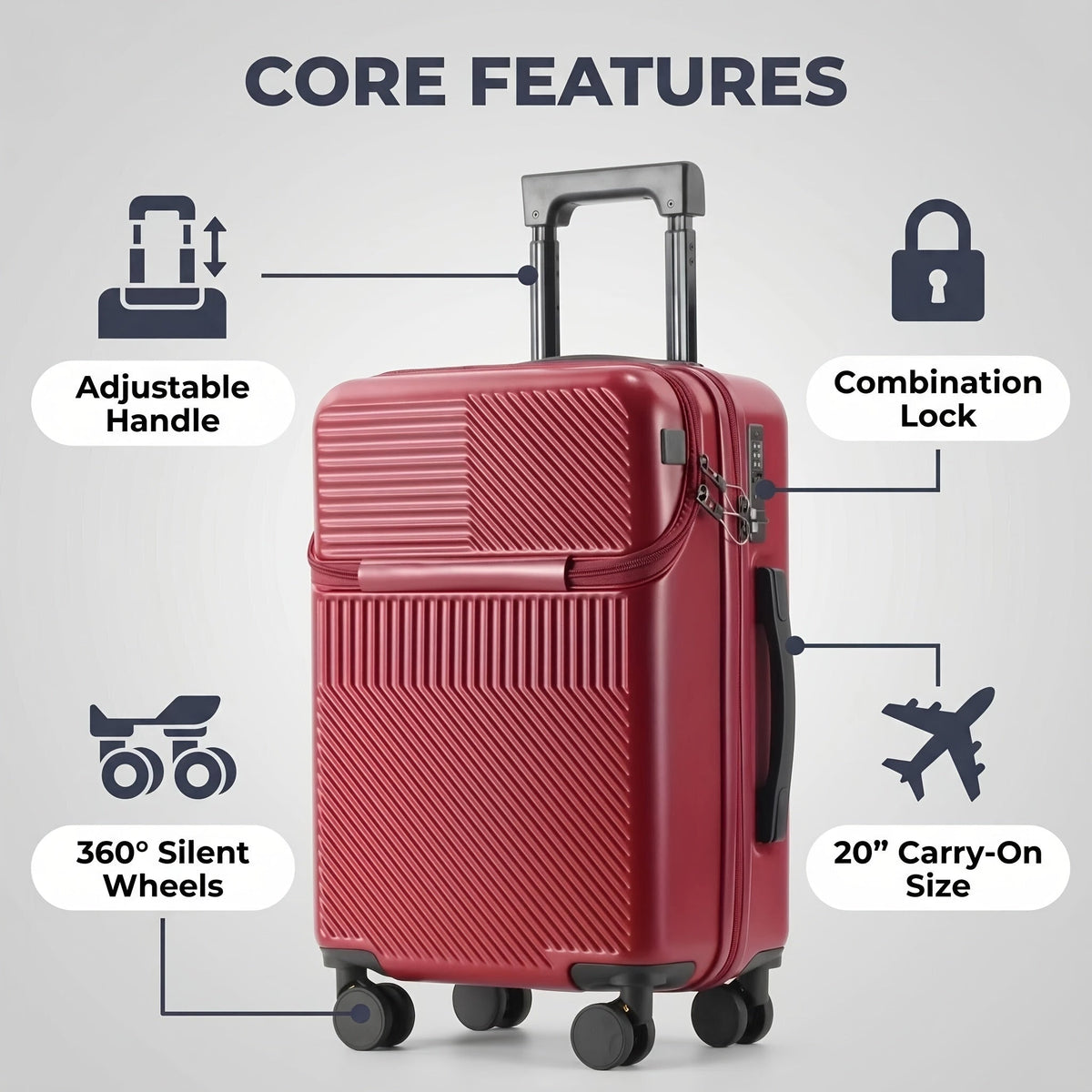 20-Inch Carry-On Luggage with Password Lock & Spinner Wheels – Lightweight Large Capacity Hard Shell Suitcase for Travel in Red White Green Gray