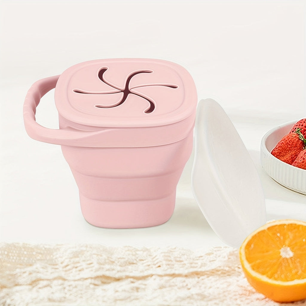 TYRY.HU Collapsible Silicone Snack Container for Kids, Space-Saving Food-Grade Portable Snack Cup with Dustproof Lid, Dishwasher Safe, 3 Colors Including Pink Green & Beige