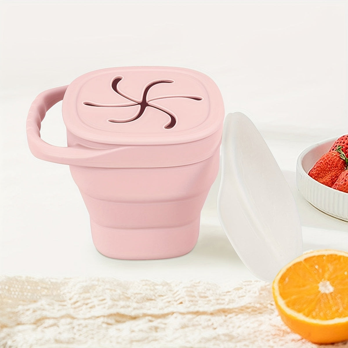 TYRY.HU Collapsible Silicone Snack Container for Kids, Space-Saving Food-Grade Portable Snack Cup with Dustproof Lid, Dishwasher Safe, 3 Colors Including Pink Green & Beige