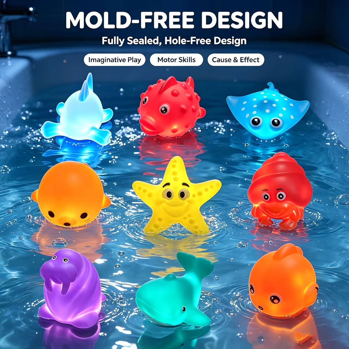 No-Hole Light-Up Glitter Sea Animal Bath Toys, Floating Bathtub Fishing Toy Set for Kids, Colorful Glow Water Toys for Bathtub Pool & Party Play, Random Colors, 2/4/6/8-Piece Sets