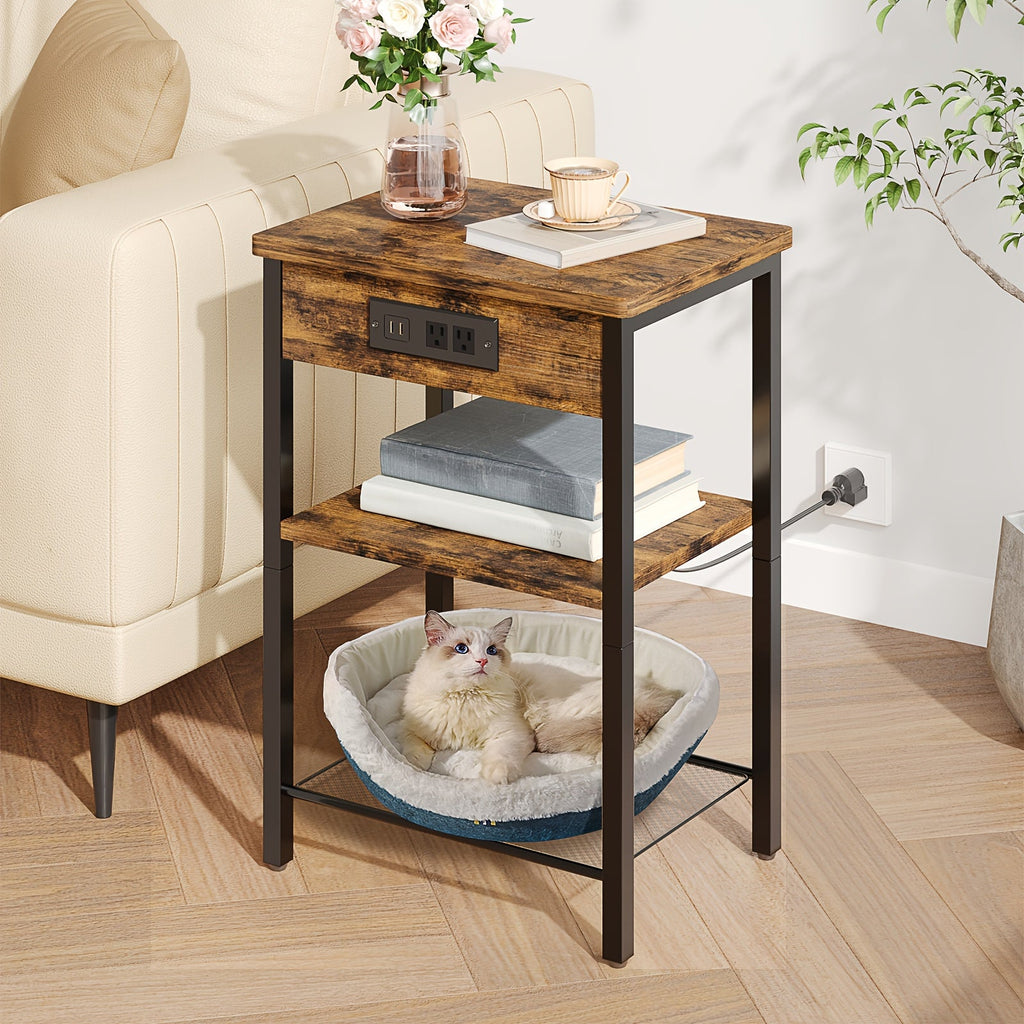 3-Tier Nightstand & Side Table with Charging Station – Storage Shelf for Bedroom & Living Room in Rustic Brown & Black (with Optional Drawer)