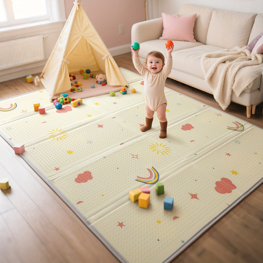 Extra Large Reversible Foldable Foam Baby Play Mat, Rainbow Cloud & Moon Design Non-Toxic Waterproof Floor Playmat with Edge Reinforcement & Travel Bag, 2 Sizes: 71x59" & 71x79"