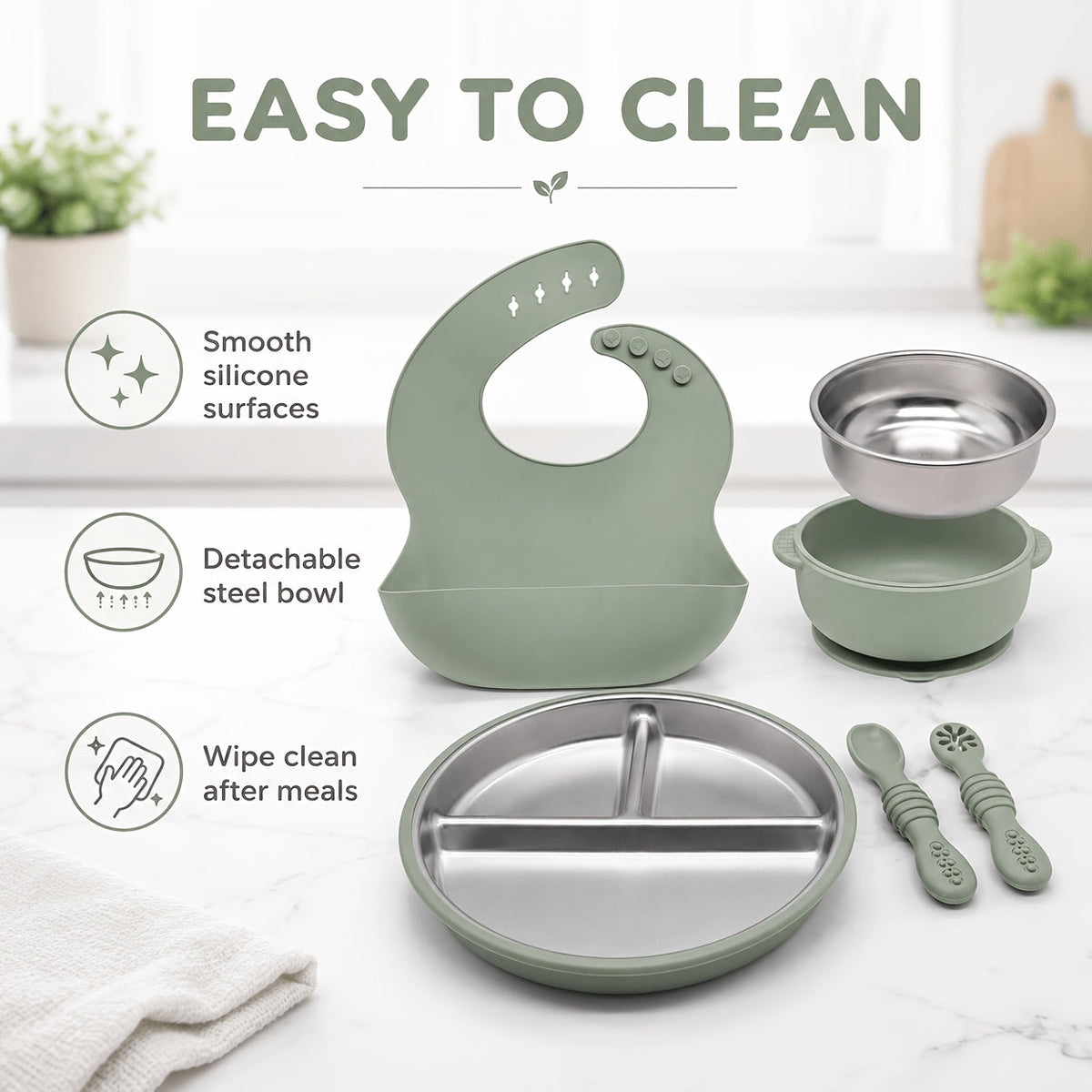 7-Piece Baby Feeding Set Stainless Steel Divided Suction Plate Removable Bowl Adjustable Bib Spoon Fork Self-Feeding Toddler Utensils