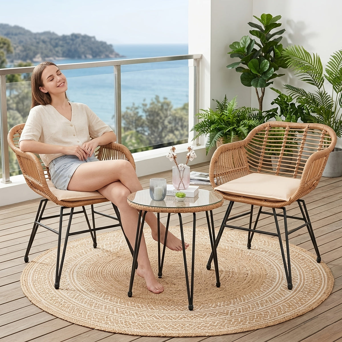3-Piece Outdoor Rattan Patio Bistro Set with Glass Top Table & Washable Cushions for Garden Terrace Deck & Poolside – Beige or Black