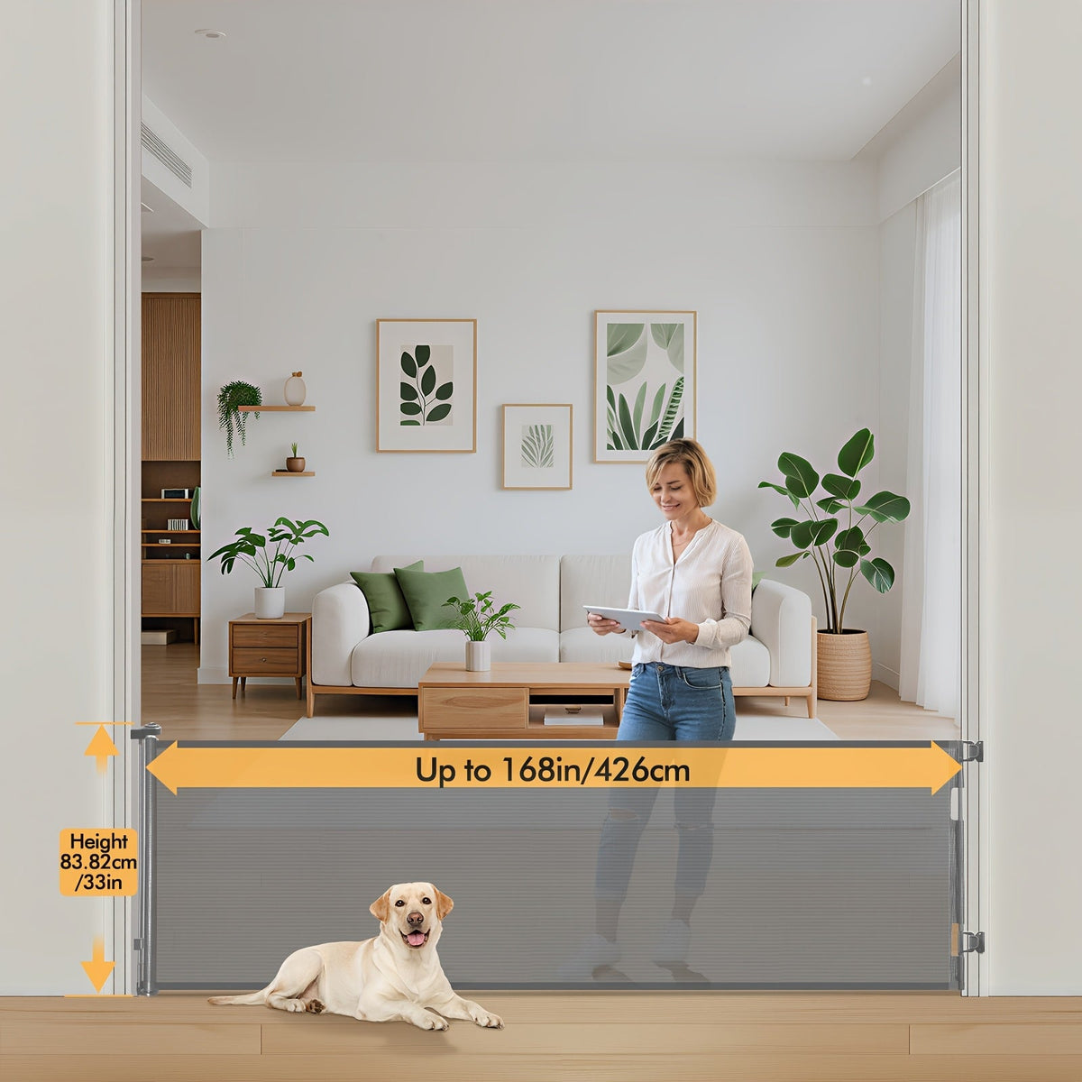 VERASTE Retractable Mesh Safety Gate, 33"/41" Tall Baby & Pet Gate for Doorways, Stairs & Hallways, Indoor & Outdoor Use, Multiple Width Options, Black, White & Gray
