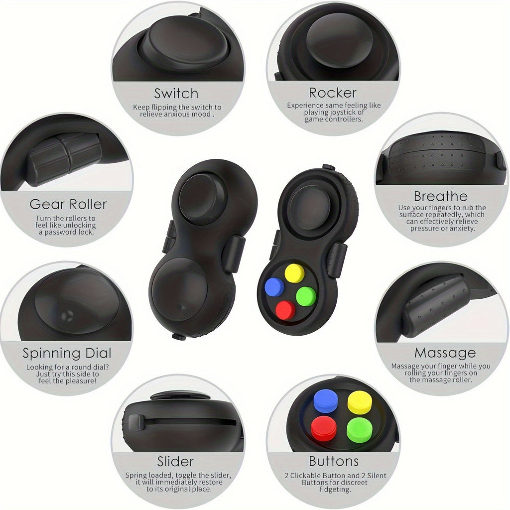 Retro Fidget Pad Controller Set of 3 - 8-in-1 Handheld Sensory Fidget Toy with Clickable Buttons, Joystick, Roller, Gears & More, Stress Relief & Focus Toy for Kids & Adults, Multiple Color Options