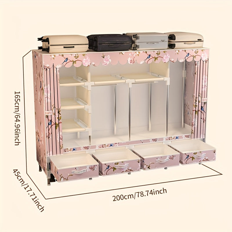 AOSENKO Fabric Wardrobe Closet - Full Steel Frame, 4 Reinforced Hanging Rods, Drawers Included, Easy Assembly - Rental, Dorm & Study Storage - Multiple Sizes & Patterns