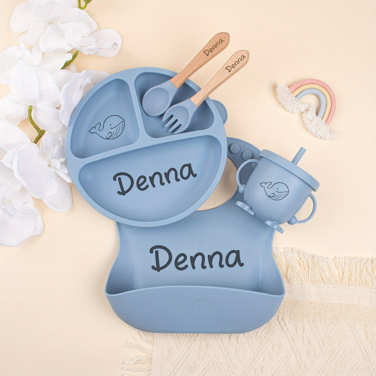5-Piece Personalized Laser-Engraved Silicone Baby Weaning Set, Custom Name Baby Plate & Cartoon Toddler Feeding Set for Kids, Baby Shower, Christmas & Halloween Gift, Beige, Pink & Gray