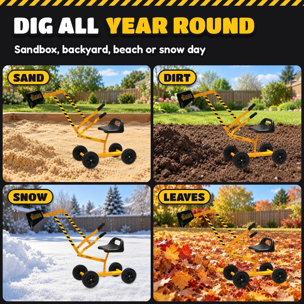 Kids Ride-On Sand Digger Excavator Toy – Steel Frame Seated Rolling Digger with 360° Swivel Seat & Metal Bucket for Sandbox Backyard Beach Snow Ages 3+