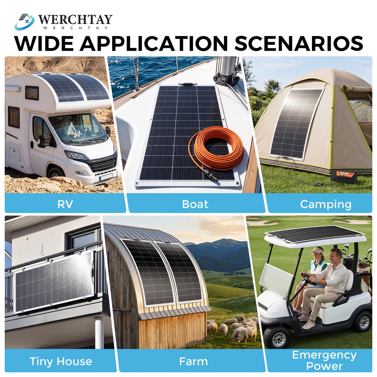 Flexible Solar Panel 200W / 400W / 800W Bendable 18BB Mono Cell Lightweight Ultra-Thin for Boat Balcony Roof Yacht & Uneven Surfaces – 1, 2 or 4 Panel Options