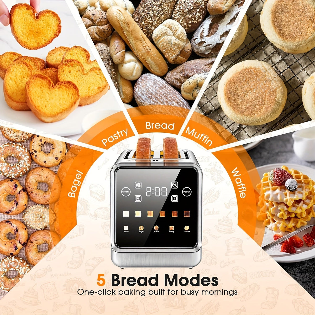 Touch Screen 2-Slice Toaster Stainless Steel Smart Digital with Memory Function 5 Bread Types 6 Shade Settings 1.5 Inch Wide Slot 900W for Home Kitchen