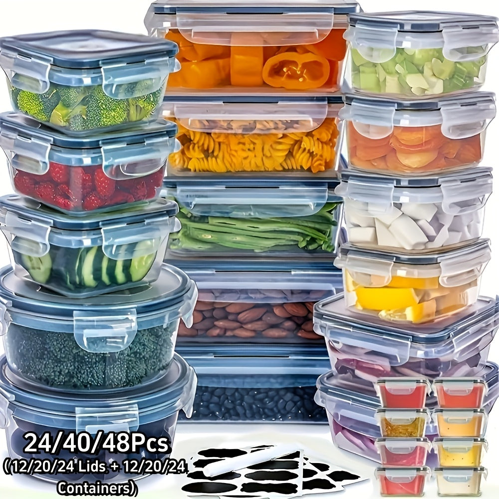 Airtight Food Storage Container Set - 24, 40 & 48-Piece, Leak-Proof 4-Side Locking Lids, Stackable, Food-Grade Plastic, Fridge, Freezer & Dishwasher Safe - Pantry, Kitchen, Travel & Picnic with Labels