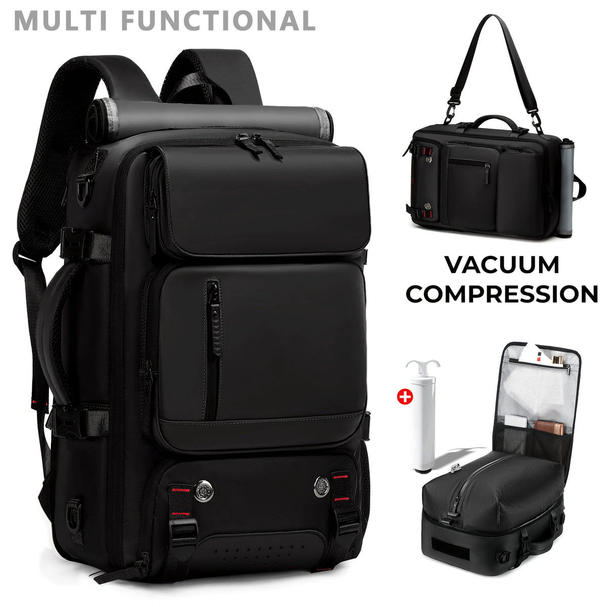 Vacuum Compression Backpack - Multi-Functional Laptop Backpack with Pump, Foldable & Lightweight - Business, Camping, Hiking & Daily Commute - Black, Light Grey & Orange