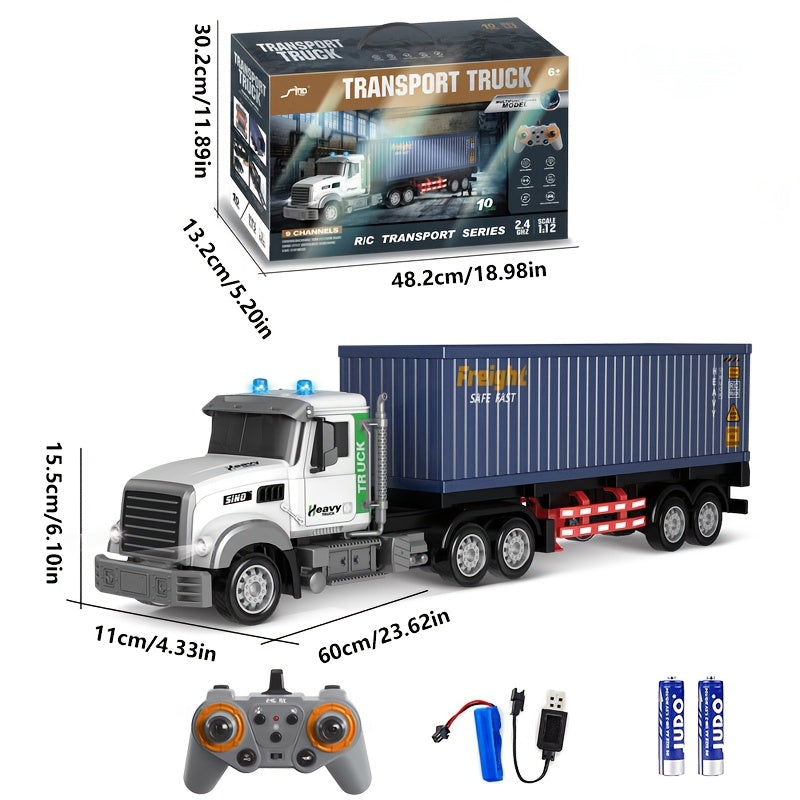 RC Container Truck Trailer Toy 1:24 Scale 23.6 In 2.4G Remote Control Semi Truck with Cargo Loading Battery & USB Charger for Kids Age 6+ – Birthday Gift Boys & Girls