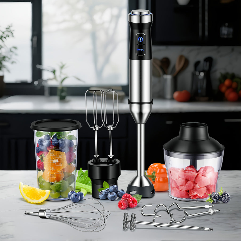 7-in-1 Immersion Blender 1000W with 20 Speeds & Turbo - Titanium Blades, BPA-Free, Dough Hooks, Egg Beaters, Whisk, 27oz Beaker & 20oz Chopper, Scratch-Resistant Hand Blender for Kitchen