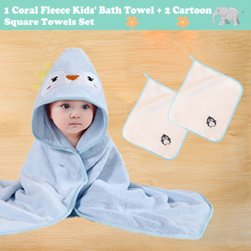 Baby Hooded Bath Towel 3-Piece Set, 1 Soft Absorbent Hooded Towel + 2 Cartoon Hand Towels, Non-Shedding Infant Bath Set, 7 Cute Animal Designs Including Duck Elk Koala Panda Rabbit Dinosaur & Penguin