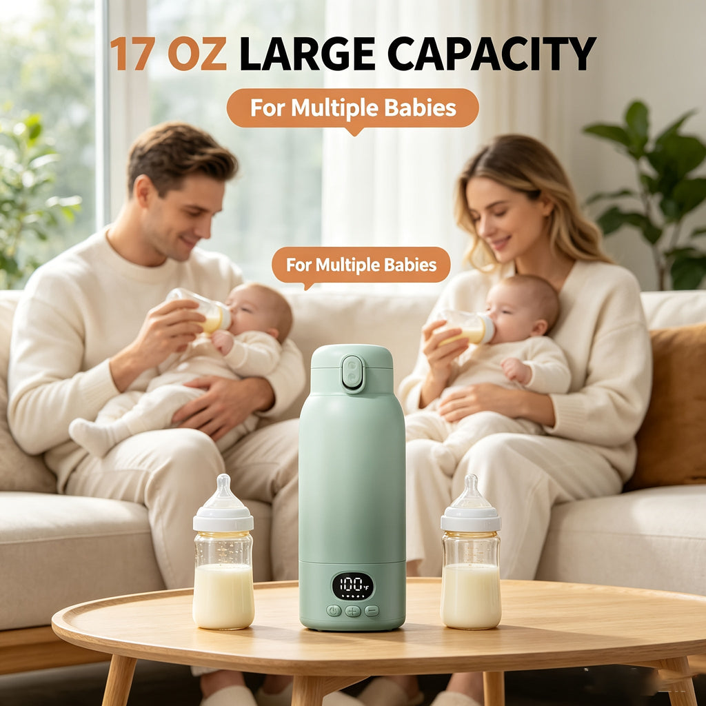 Portable Baby Bottle Warmer with Dual Heating Modes, 17oz Rapid Heating for Breast Milk & Water, Cordless Travel & Outdoor Bottle Warmer for On-the-Go Feeding, Green