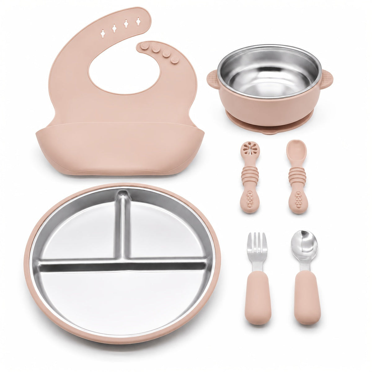 7-Piece Baby Feeding Set Stainless Steel Divided Suction Plate Removable Bowl Adjustable Bib Spoon Fork Self-Feeding Toddler Utensils