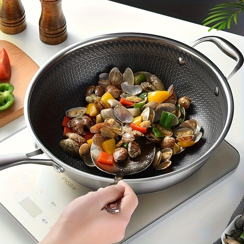 13.3" Tri-Ply Stainless Steel Non-Stick Wok with Lid, Spatula & Brush - Honeycomb Design, Works on All Stoves Including Induction, for Home Cooking & Camping