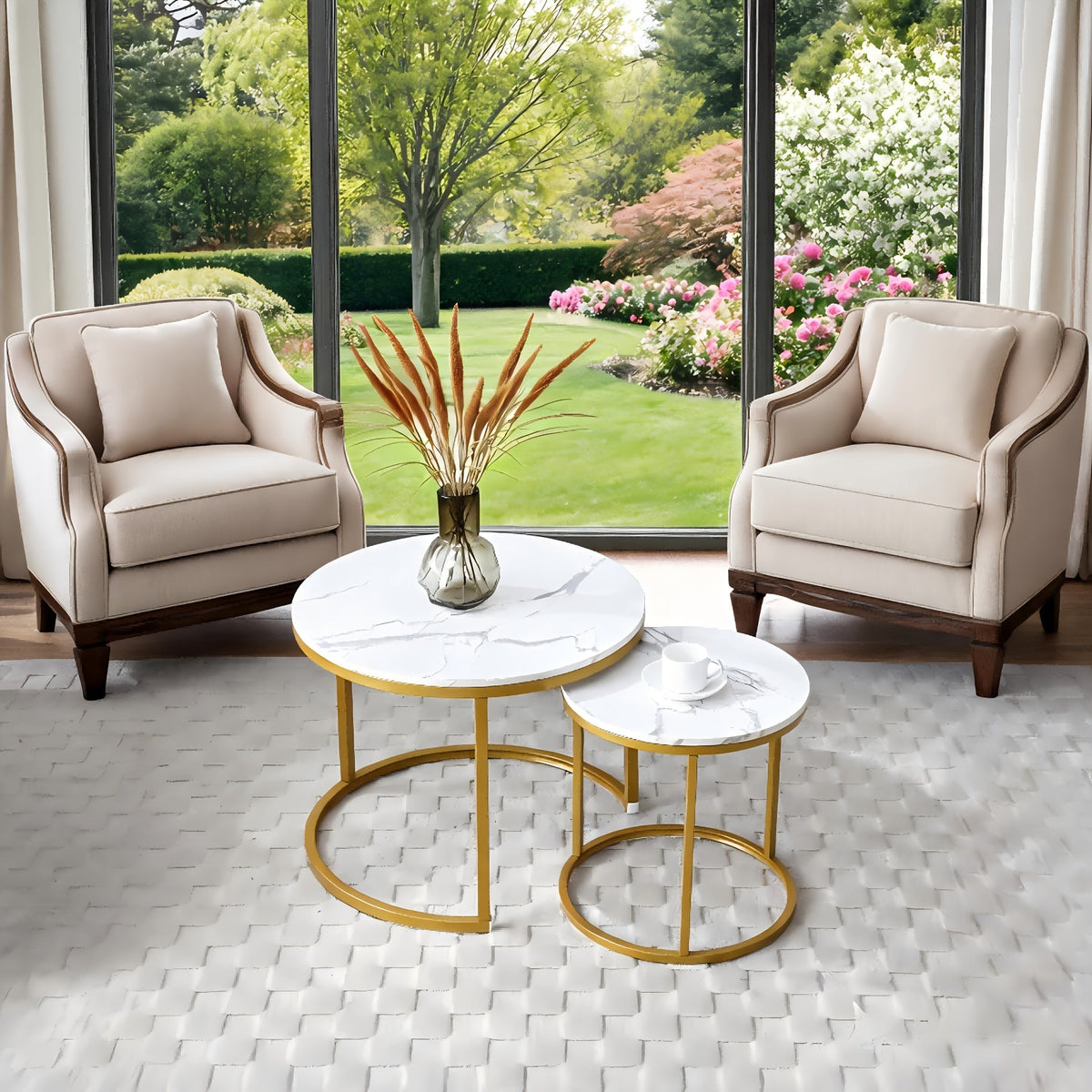 Nesting Coffee Table Set of 2 – Modern Faux Marble Round Tables with Gold Frame Space-Saving Living Room Furniture in White Gray Black Walnut